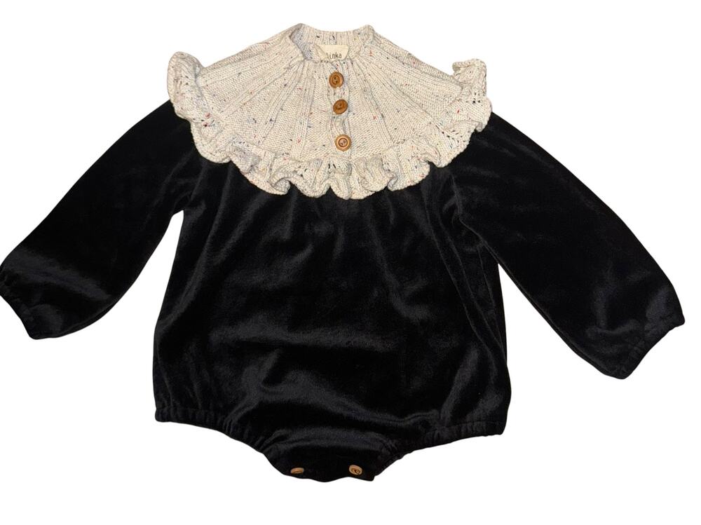Kalinka Merino Wool/ Cotton Velvet Bubble Romper 12-18 Mon Knit Ruffles Holiday